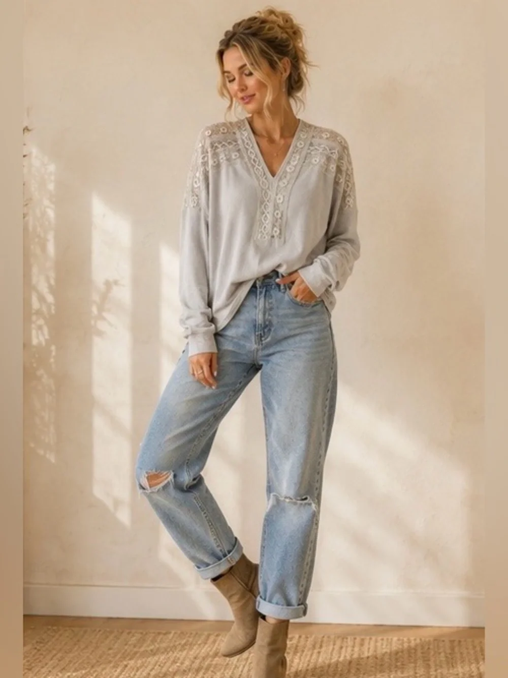 Free People Gray Lace Yoke Thermal Top XS Boho Long Sleeve